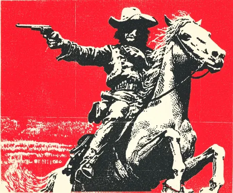 Handsome cowboy soldier on rearing bay horse, holding vintage pistol, in cultivation china