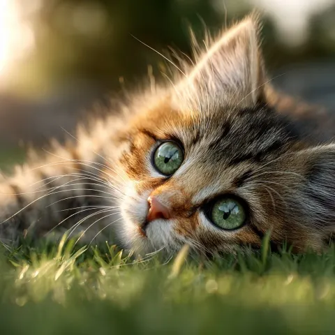 A kitten with big round eyes lying on the lawn, sunbathing comfortably, realistic style
