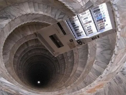 A lot of vending machines falling from giant marble ladder, hermitage,, twilight, liminal, sublime