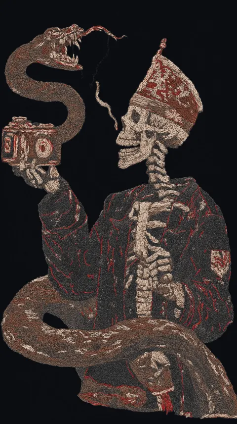 An absurd and highly detailed surreal scene of a skeleton wearing an Ottoman fez