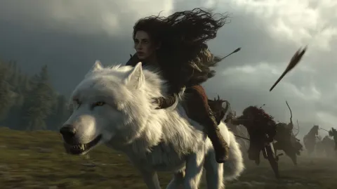 Cinematic shot, The big white wolf is sprinting at full speed as the woman leaps onto its back mid-r