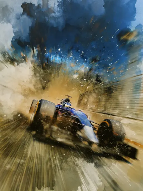 F-1 racing, extreme action, motion blur, shallow depth of field, dramatic low angle camera