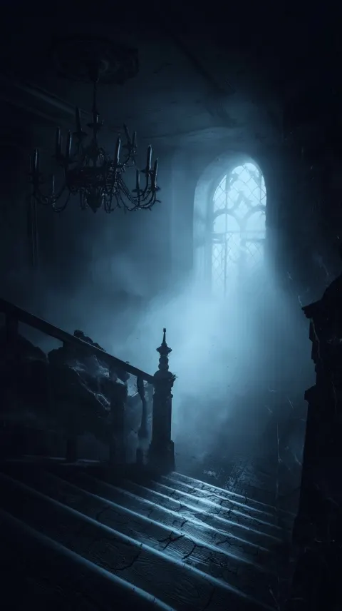 Gothic cosmic abandoned castle, broken furniture, eerie darkness surrounds, cracked staircase