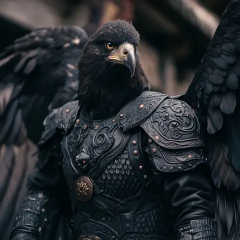 Anthropomorphic Black Eagle in Black Armor
