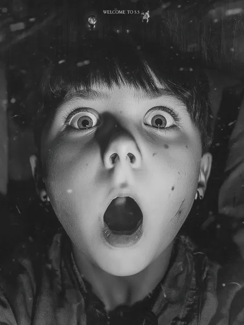 Horror movie, eerie, scary, kid nightmare, "welcome to 5.5", black and white