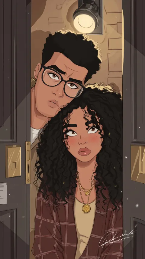 Digital illustration of a tall man and a short woman stuck in a narrow doorway