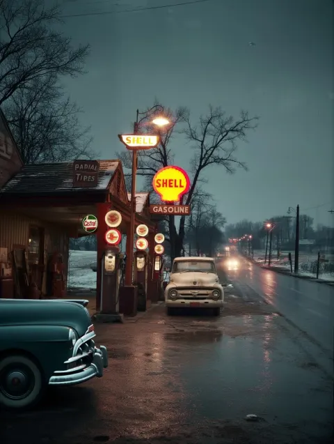 A photo of a 1950s rural gas station on a quiet country road. The sign say "SHELL" the shell logo wh