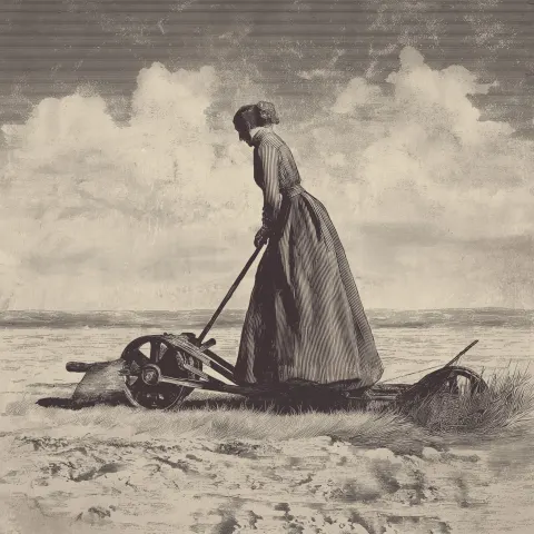 Etching of old fashioned field work, a woman works a plow in a long dress on a flat background #f8f7
