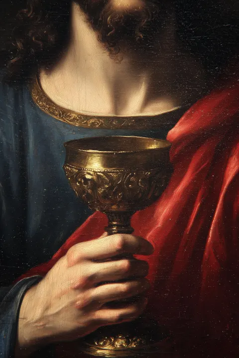 Extreme close-up of Christ’s torso and hand holding a golden chalice at chest level