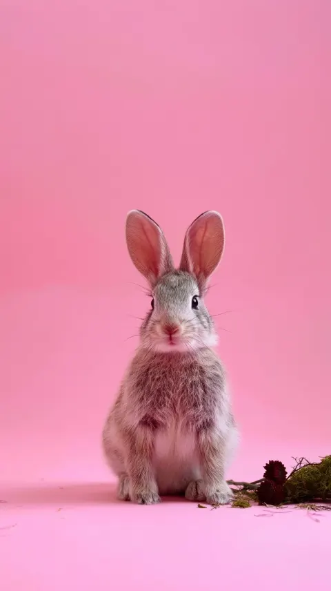 Extreme wide shot of the same grumpy young rabbit sitting upright, full body visible