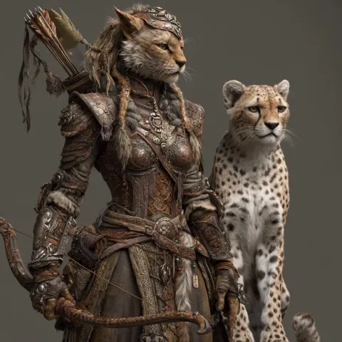 Female anthropomorph cat wearing a leather armor and holding a bow in her left hand with a cheetah c