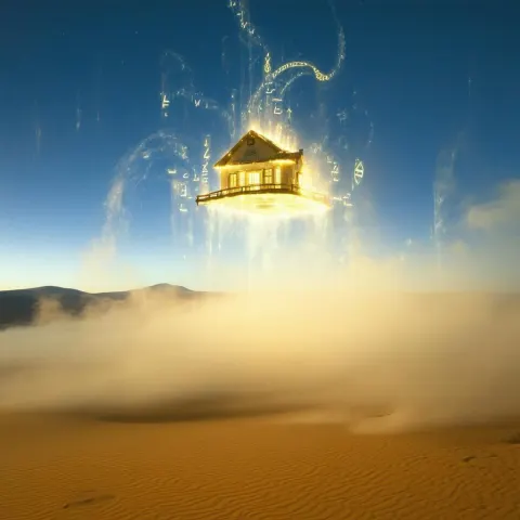 Floating Desert House Wrapped in Glowing Runes