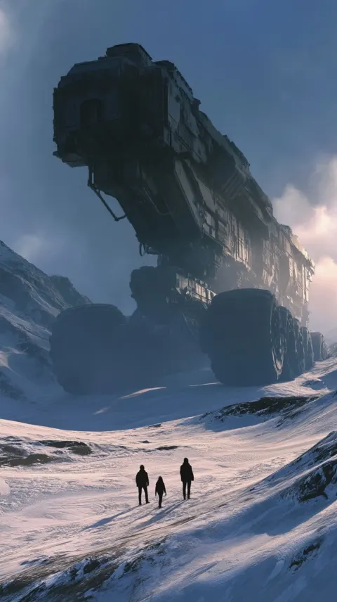 Gigantic multi-wheel sci-fi transport towering over humans in snowy mountains