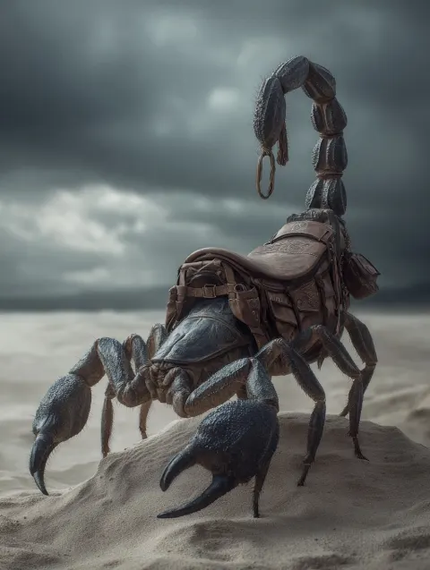 Huge scorpion fantasy mount with saddle standing on a rock in a stormy and dark desert scene the san