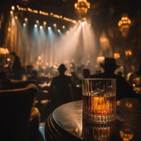 1930s nightclub scene, focus is on a glass of whiskey, smoky background