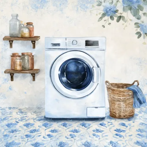 Illustration of a washing machine in the style of watercolor, vintage poster design