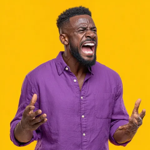 Image of a black man yelling and teaching with a purple shirt on