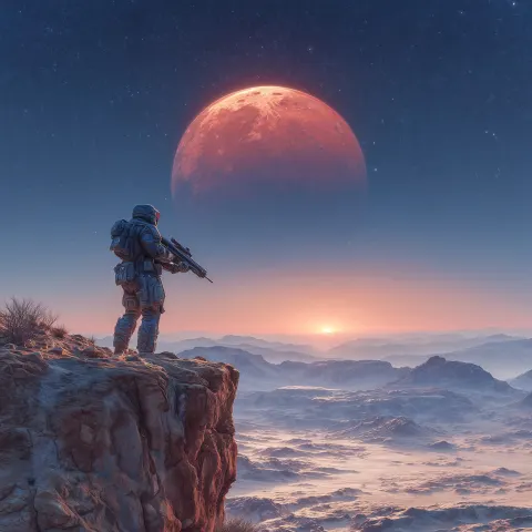 In the bottom right hand corner of canvas a cliff escarpment on which a male soldier in futuristic a