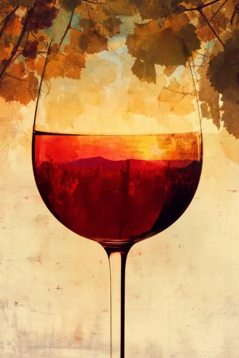 Luxurious double exposure of a wine glass filled with deep red wine blending with a vineyard scene a