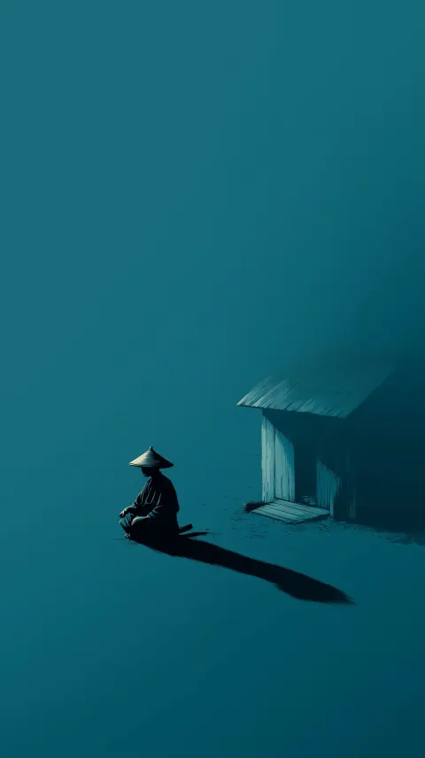 Minimalist illustration of a samurai with a straw hat sitting on the ground. next to him is his shad