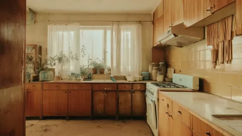 Photorealistic interior shot of a 1990s old Chinese apartment kitchen, nostalgic retro vibe