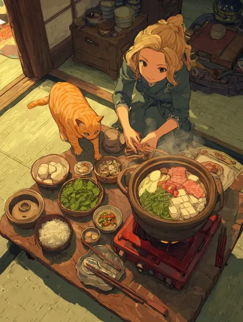 Pretty anime girl kneeling at a low Japanese dining table preparing a traditional nabe hot pot