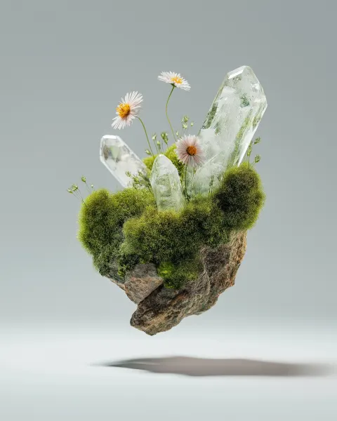 Realistic abstract organic sculpture levitating mid-air soft green moss
