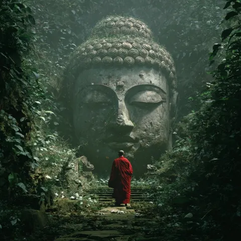 Serene giant ANCIENT Buddha statue carved from ancient weathered stone, COVERED IN MOSS