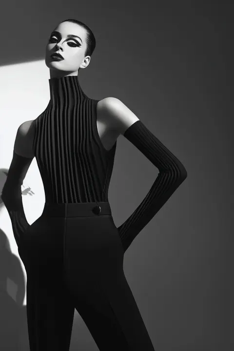 Shot by Steven Meisel. Full body editorial portrait of a strong Italian female model with defined ja