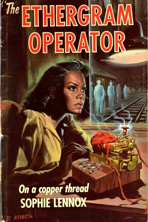 A hand-painted 1940’s vintage sci-fi pulp novel or magazine cover depicting an African American youn
