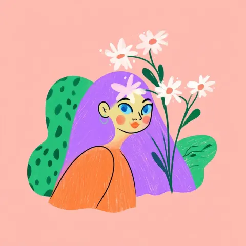 A cute girl with purple hair and blue eyes, wearing an orange top with white flowers in her hair