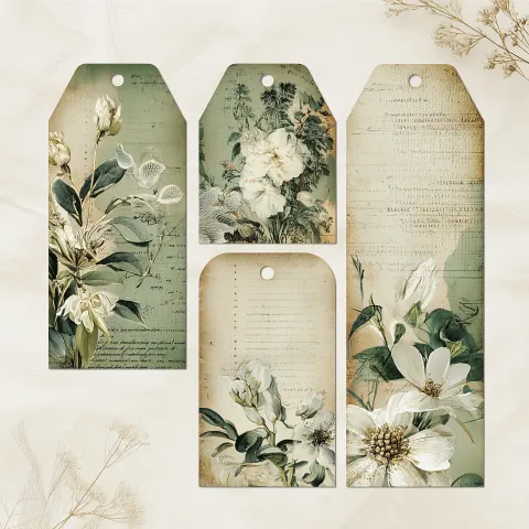 Vintage ephemera tags with faint text and watercolor florals, distressed parchment texture