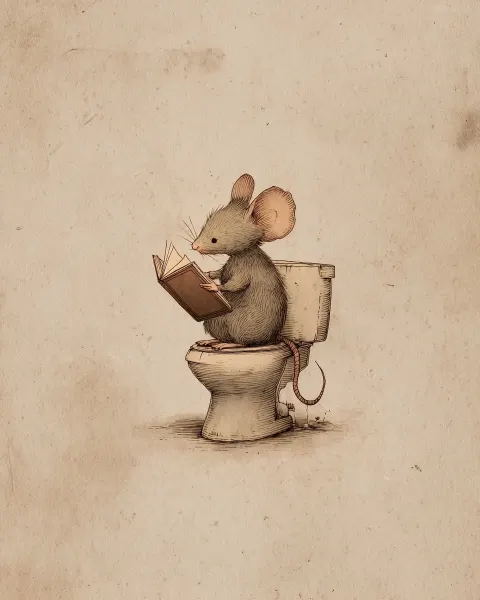 Vintage rustic illustration of a tiny mouse sitting on a small toilet while reading a book