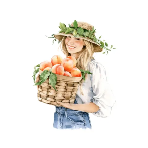 Watercolor illustration of spring peach clipart smiling woman with light skin and blonde hair wearin