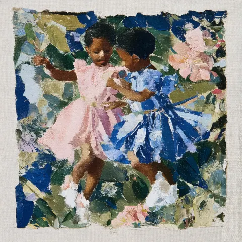 Whimsical little black kids playing together. All wearing pink and blue. painting should feel whimsi