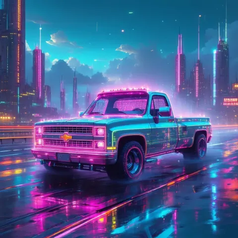 Neon Pickup Floating on a Vaporwave Highway