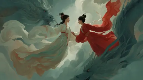 Surreal Chinese mythological scene, two elegant woman in flowing hanfu, floating in mid air