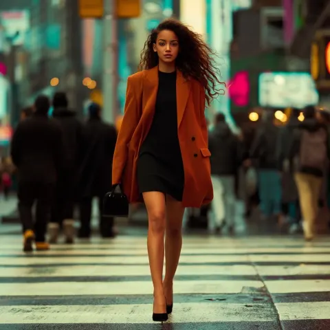 A stunning fashionable african american woman walking confidently through a busy city street crossin
