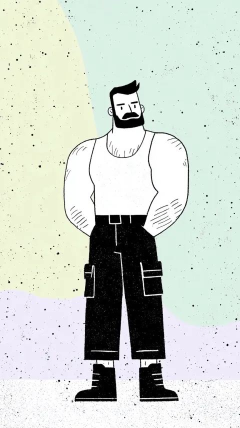 Illustration, [a muscular Middle Eastern man with short black hair and a trimmed beard