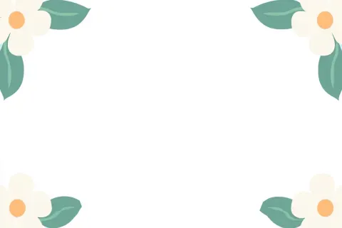White background with green leaves and white flowers on the edges, flat illustration style, cute