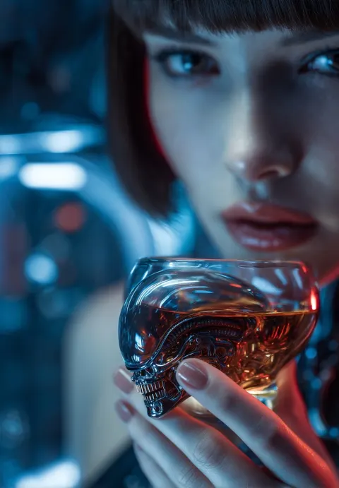 Close up photography of a glass of whisky in the hand of a gorgeous female android