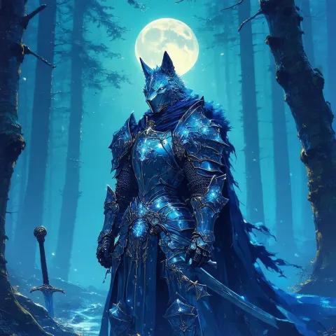 Azure Wolf Knight Beneath the Full Moon