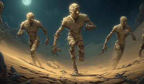 Wide cinematic scene, first-person perspective in the Calimshan desert at night three humanoid assai