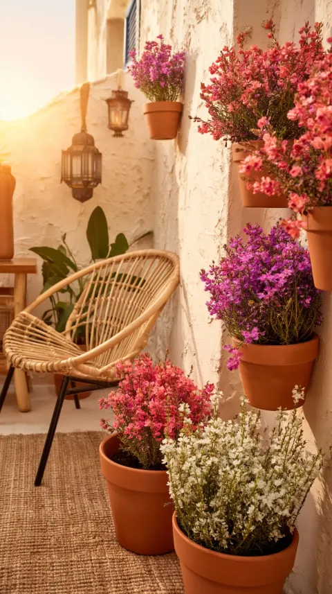 A charming small modern boho terrace in vertical 9:16 composition