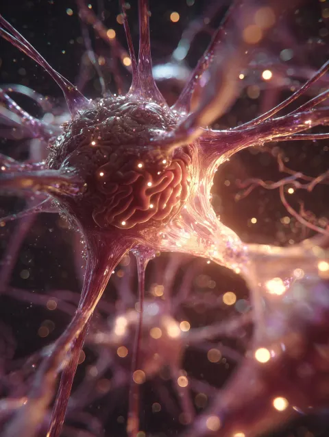 A cinematic cross-section scene starting from a detailed human brain and zooming into neurons and ne