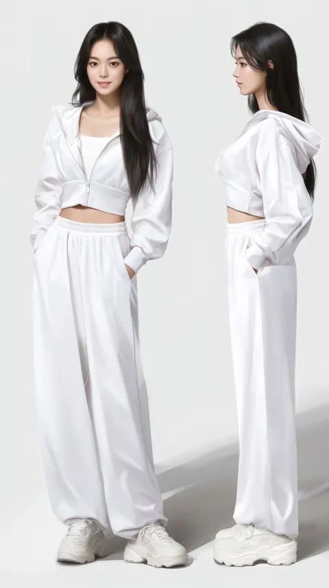 20-year-old beautiful Korean female college student with idol visuals, full body character sheet
