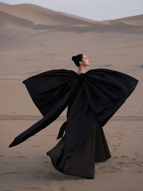 Tall Asian Model in a Butterfly Gown in the Desert