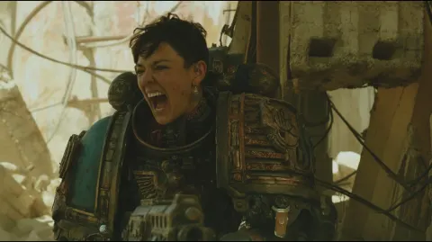35mm film still of a huge hypermuscular short-haired thick-necked broad-shouldered augmented biopunk