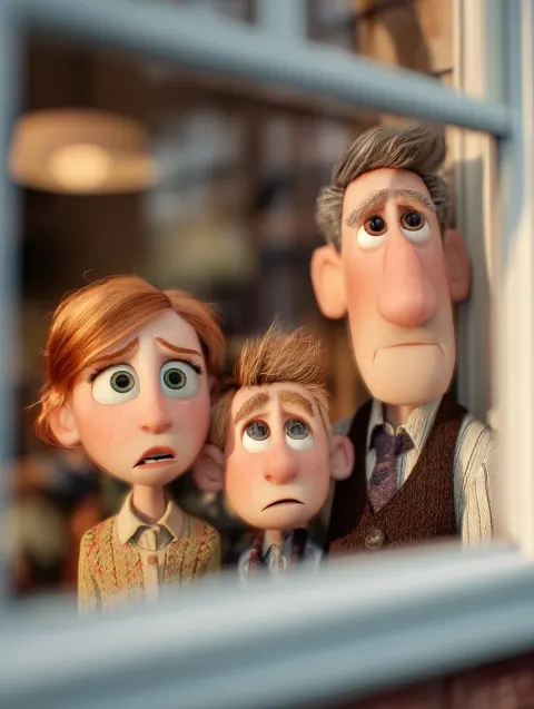 3d model by Pixar of a worried family looking out the window