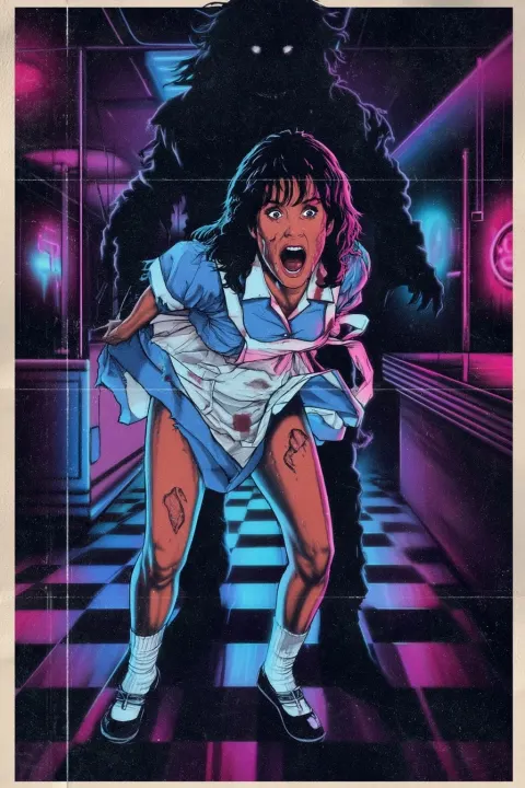 A 1986 hand-illustrated airbrushed exploitation horror movie poster set inside a grimy American dine